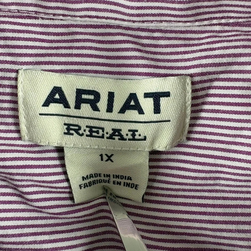 Ariat ReAL Button Down Shirt Womens 1X Purple Striped Logo Sleeve Western - Picture 4 of 12